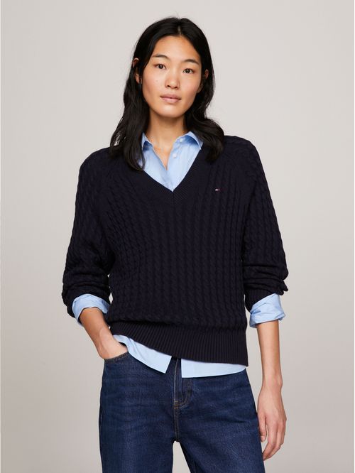 Sweater de punto trenzado cuello en V slim fit