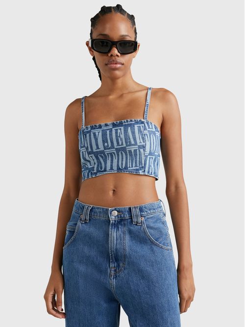 Crop top denim con estampa de letras
