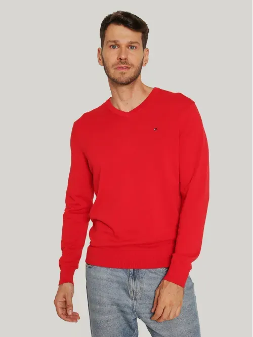 Sweater básico de algodón cuello V regular fit