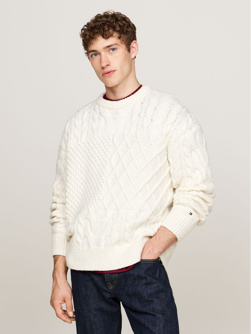 Sweater-de-punto-trenzado-con-cuello-en-V